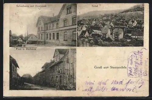 AK Sternenfels, Post und Rathaus, Schulhaus mit Denkmal und Totalansicht