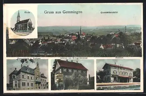 AK Gemmingen, Gesamtansicht, Kirche, Postgebäude und Rathaus, Schloss mit Kriegerdenkmal, Bahnhof