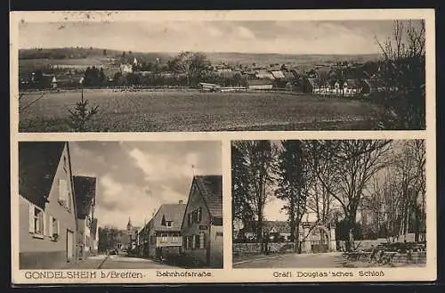 AK Gondelsheim / Württ., Gesamtansicht, Bahnhofstrasse, Gräfl. Douglas`sches Schloss