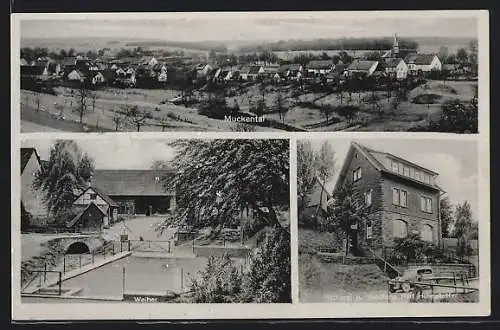 AK Muckental / Baden, Gesamtansicht, Weiher, Bäckerei und Handlung Karl Helmstetter