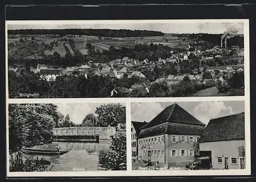 AK Billigheim / Baden, Gasthaus zum goldenen Hirsch, Brücke und Totalansicht