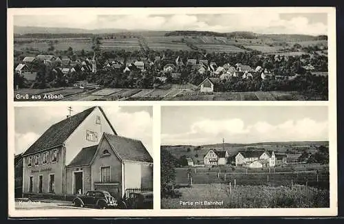 AK Asbach / Baden, Totalansicht aus Vogelschau, Kaufhaus, Partie mit Bahnhof