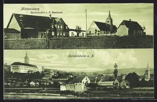 AK Gundelsheim a. N., Gasthaus Michaelsberg P. Bednarek und Kirche, Ortsansicht