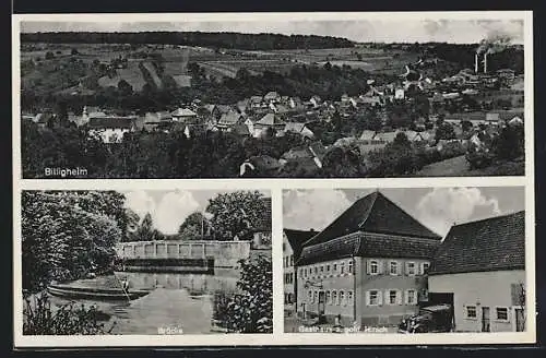 AK Billigheim / Baden, Gasthaus zum goldenen Hirsch, Brücke und Totalansicht