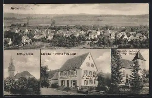 AK Asbach / Baden, Kaufhaus Hermann Schönleber, Kirchen und Kriegerdenkmal, Ortsansicht aus der Vogelschau