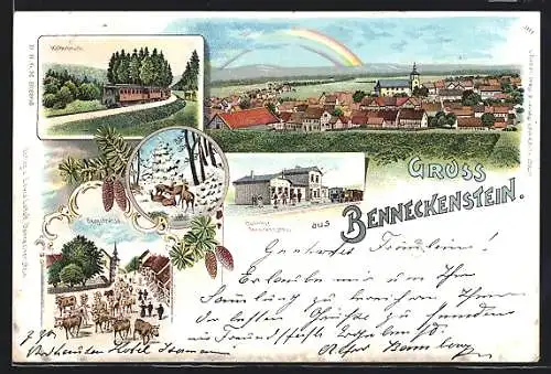 Lithographie Benneckenstein, Bahnhof, Bergstrasse mit Kühen, Ortsansicht