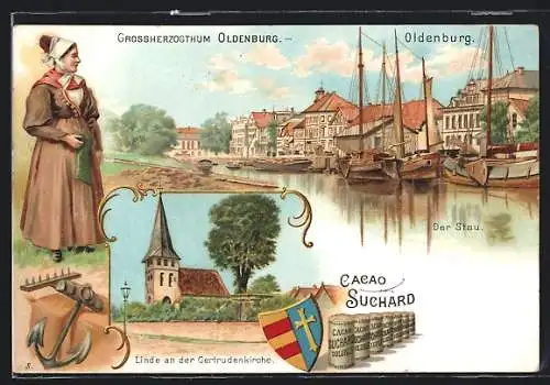 Lithographie Oldenburg / Old., Linde an der Gertrudenkirche, Boote am Stau, Reklame für Kakao Suchard