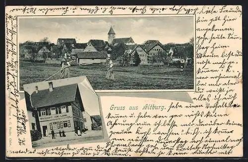 AK Altburg /Calw, Gasthaus Wirtschaft zum Lamm, Ortsansicht mit Landarbeiterinnen