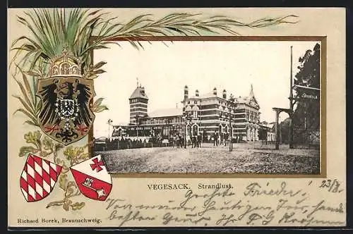 Passepartout-Lithographie Vegesack, Am Hotel Strandlust, Wappen, Eichen- u. Palmenblätter