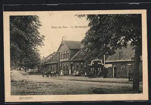 AK Stubben / Bremerhaven, Hotel zur Post L. Deichmann mit Strasse und Eingang zum Garten