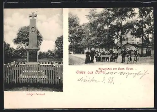 AK Bothel, Gasthaus H. Meyer mit kleiner Versammlung, Krieger-Denkmal