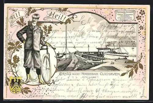 Passepartout-Lithographie Cuxhaven, Alte Liebe, Ortspartie am Hafen, Radfahrer, Wappen, Reklame Stukenbrok-Fahrräder