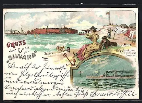 Lithographie Helgoland, Ortsansicht von der Düne aus, Dame mit Fernglas, Schiff Silvana