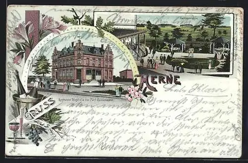 Lithographie Herne, Restaurant Westfalia C. Spiekermann mit Gartenanlagen, Sekt-Stilleben