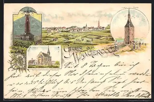 Lithographie Wangerooge, Leuchtturm, Alter Turm, Ortsansicht