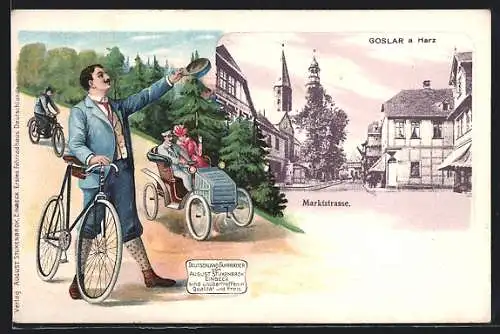 Lithographie Goslar a. Harz, Partie in der Marktstrasse, Reklame Stukenbrok-Fahrräder