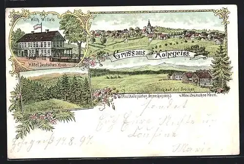 Lithographie Braunlage, Hohegeiss, Hotel Deutsches Haus W. Wille, Blick auf den Brocken