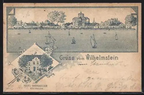 Vorläufer-Lithographie Steinhude, 1895, Hotel Rathskeller, Wilhelmstein vom Wasser gesehen