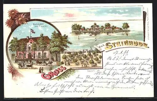 Lithographie Steinhude, Gasthaus Rathskeller von F. Harste mit Garten
