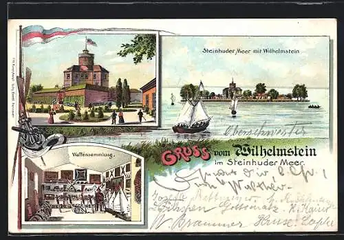 Lithographie Wilhelmstein /Steinhuder Meer, Schloss mit Waffensammlung, Segelschiffe