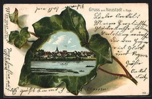Passepartout-Lithographie Neustadt a. Rbge., Ortsansicht auf einem Efeublatt