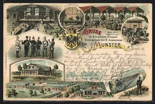 Lithographie Munster, Übungslager des X. Armeekorps, Officier-Casino, Kantine, Speisehallen, Ansicht vom Lager