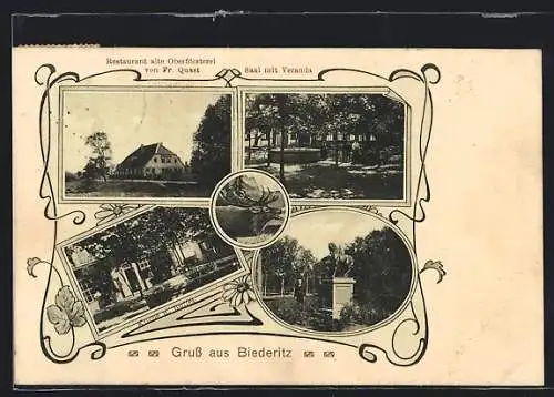 AK Biederitz, Restaurant alte Oberförsterei, Saal mit Veranda, Küche und Buffet