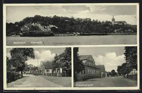 AK Neuermark, Strassenpartie, Dampfer auf der Elbe