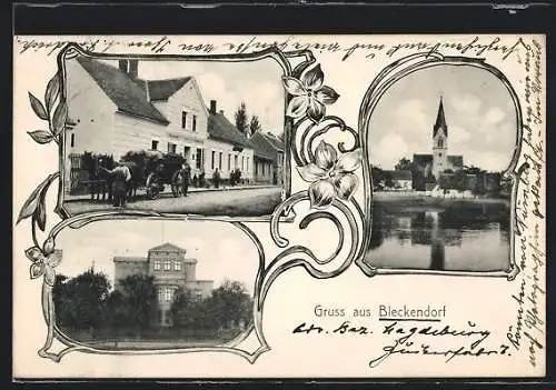 AK Bleckendorf, Strassenpartie mit Kutsche, Kirche am Wasser