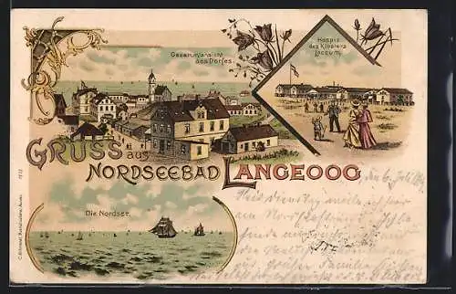 Lithographie Langeoog, Nordseebad, Gesamtansicht des Dorfes, Hospiz des Klosters Loccum, Die Nordsee