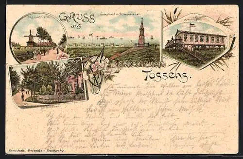 Lithographie Tossens, Nordseebad, Strandhalle, Badestrand mit Petersdenkmal, Weg zum Strand u. Windmühle