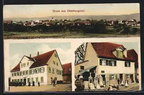 AK Oberhaugstett, Schule und Rathaus mit Leuten, Steinmetz mit Grabsteinen