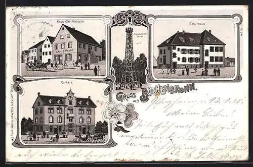 Lithographie Büchenbronn / Pforzheim, Hotel Haus Chr. Britsch, Schulhaus, Aussichtsturm