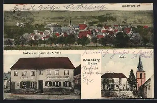 AK Rosenberg i. Baden, Gasthaus zum Lamm von A. Klenk, Kirche, Gesamtansicht