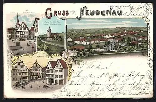 Lithographie Neudenau, Gasthof zum Lamm und Kirche, Gangolfs-Kapelle erbaut im 9. Jahrhundert, Rathaus