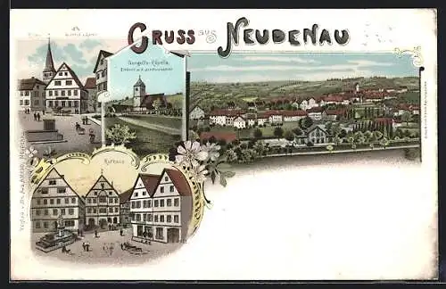 Lithographie Neudenau, Gasthof zum Lamm und Kirche, Gangolfs-Kapelle erbaut im 9. Jahrhundert, Rathaus