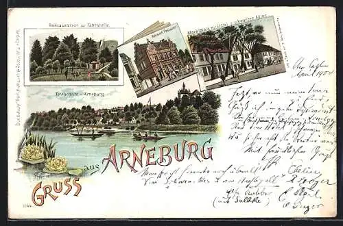 Lithographie Arneburg, Marktplatz mit Hotel zum schwarzen Adler, Restaurant zur Fährstelle, Kaiserliches Postamt