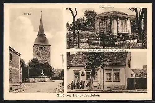 AK Hohendodeleben, Geschäftshaus Otto Brüning, Kirche, Kriegerdenkmal