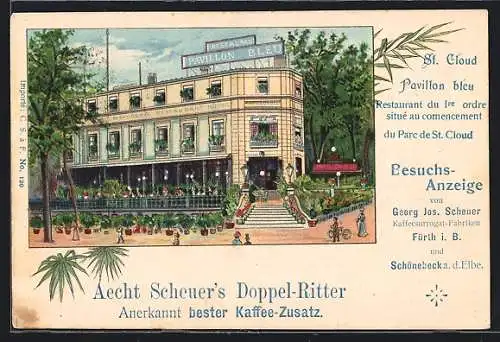 Lithographie Fürth i. B., Restaurant Pavillon Bleu, Reklame für Aecht Scheuer`s Doppel-Ritter Kaffee-Zusatz