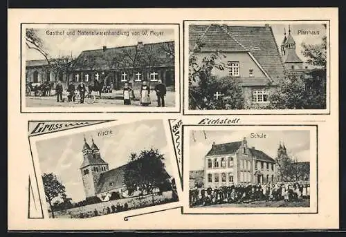AK Eichstedt, Gasthof und Materialwarenhandlung von W. Meyer, Kirche, Pfarrhaus