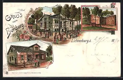 Lithographie Lichtenberg / Salzgitter, Gasthaus Burgberg, Cafe, Ruine