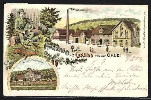 Lithographie Liebenburg / Harz, Gasthaus Ohlei und Forsthaus Döhrenhausen, Jäger mit Jagdhund und erlegtem Reh