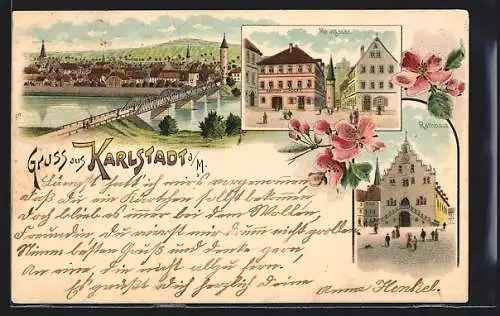 Lithographie Karlstadt a. M., Teilansicht mit Brücke, Rathaus, Maingasse