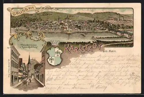 Lithographie Karlstadt am Main, Teilansicht, Maintorstrasse und Ruine Karlsburg