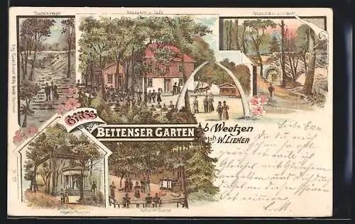 Lithographie Weetzen, Restaurant u. Cafe Bettenser Garten, Felspartie mit Bierkeller, Teufelstreppe