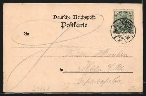 Lithographie Hannover, Restaurant Rheinischer Hof, Bahnhofstrasse, Strassenbahn, Wappen