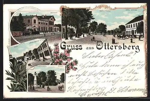 Lithographie Ottersberg / Hannover, Bahnhof, Hotel Gieschen, Schule, Post