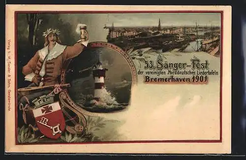 Lithographie Bremerhaven, 53. Sänger-Fest der vereinigten Norddeutschen Liedertafeln, Teilansicht, Leuchtturm