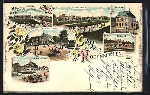 Lithographie Rodenkirchen / O., Schmedes Hotel, Neuhaus Gasthof, Marktplatz mit den Landwirtschaftlichen Hallen, Bahnhof