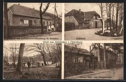 AK Altjührden i. Oldenburg, Gasthaus, Bäckerei und Kolonialwarenhandlung W. Brunken, Kinder Heil- und Pflegeanstalt